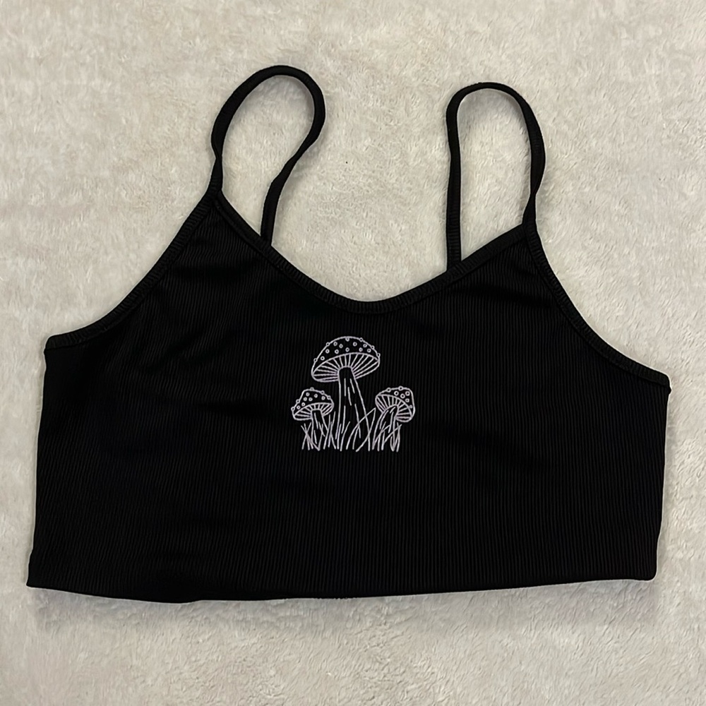 SHEIN Cropped Tank – Mushroom Print, Size XS, Black